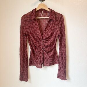 Free People Womens Medium Burgundy Long Sleeve Buttoned Ruched Front Top